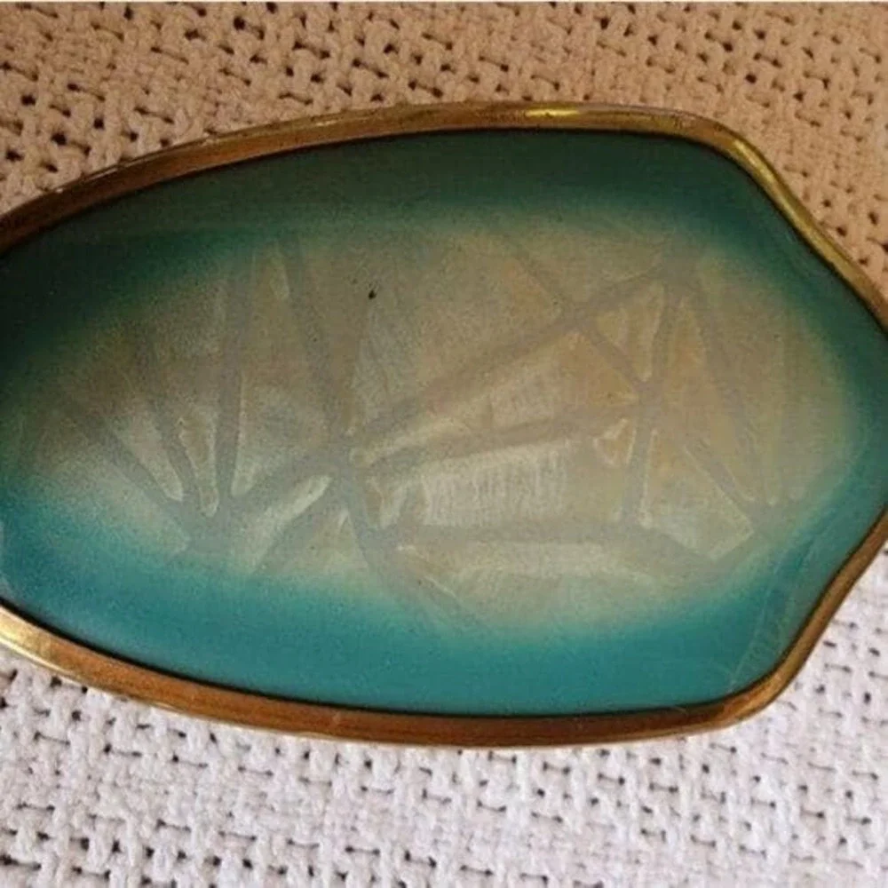 Vintage Antique Cut Glass‎ Handle Opalescent Teal Gold Trimmed Hand Brush